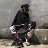 High Waist Plaid Block Color Pants